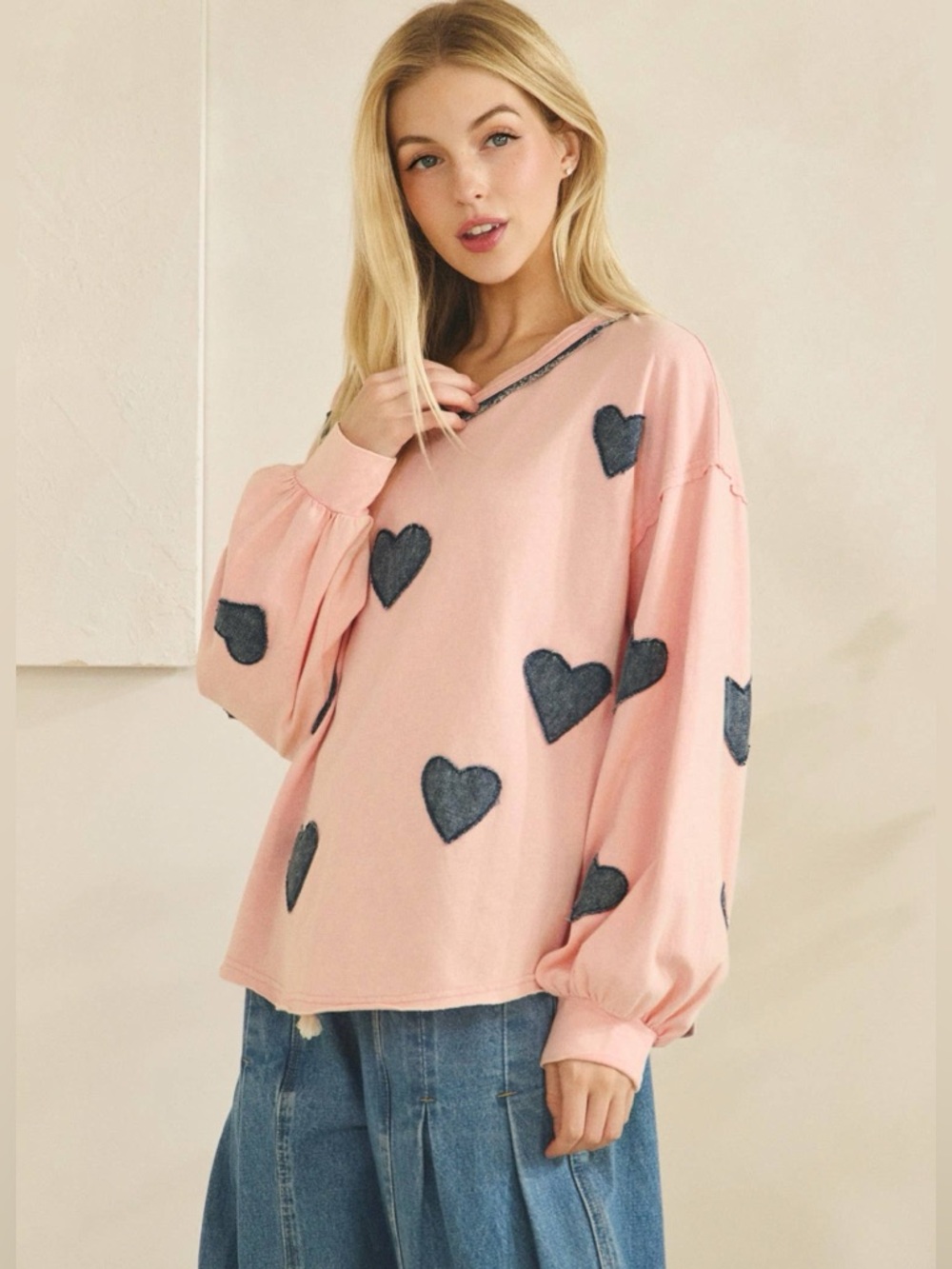 Sage + Fig denim Heart Print Long Sleeve Tee - Pink